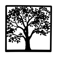 Obraz premium Black and white tree silhouette inside a square frame with leaves
