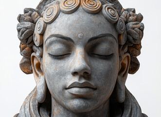 Stone Sculpture of Serene Face with Ornate Hair and Closed Eyes Isolated on White Background Reflecting Tranquility