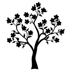 Stylized Black and White Tree Silhouette with Flowers and Leaf Accents