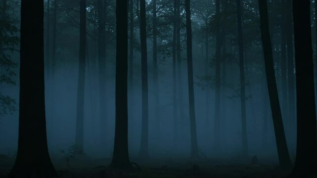 Misty forest with tall trees in a dark atmosphere  