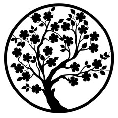 Stylized Black and White Flowering Tree Silhouette within a Circular Frame