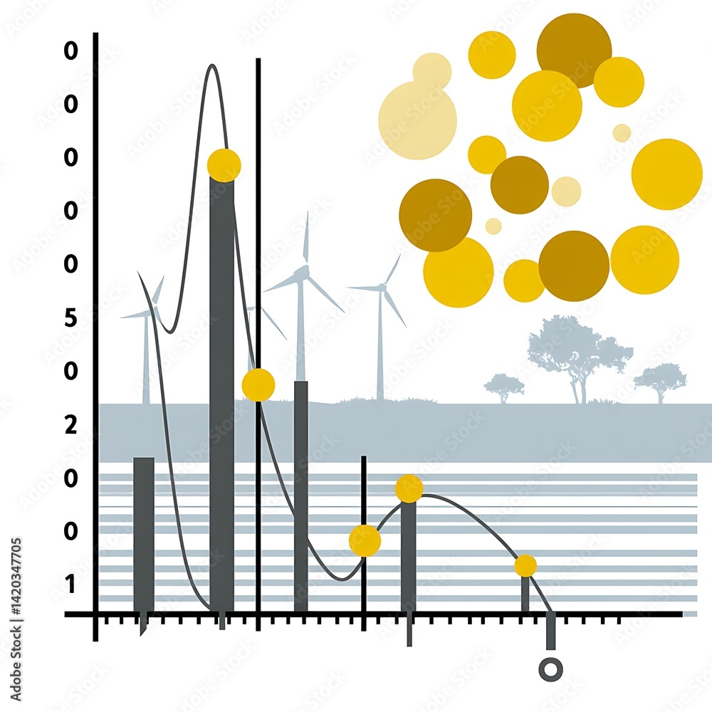 Poster wind turbines and data graph visualization for energy analysis in sustainable development.