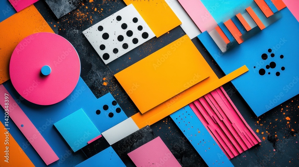 Poster Colorful geometric shapes and patterns are arranged on a dark surface creating an abstract design with vibrant colors and textures