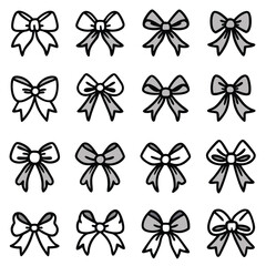 Sixteen Variations of Cute Cartoon Bows in Black and White and Gray