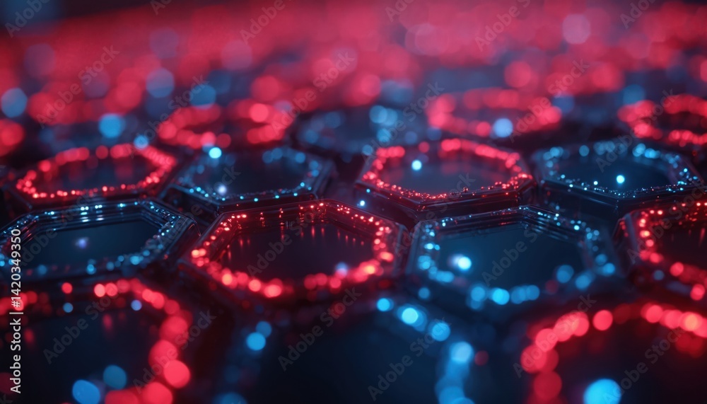 Poster close-up 3d render of hexagonal pattern with red, blue lights. tech network structure, honeycomb gri