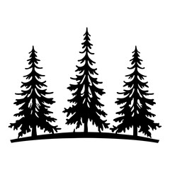 Three evergreen trees stand tall, silhouetted against a stark white background