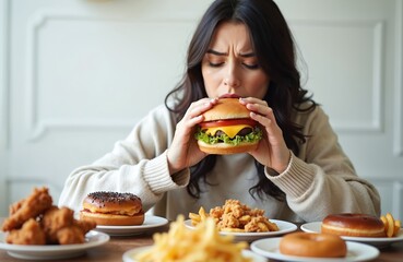 Woman eating fast food burger, french fries, fried chicken, donuts. Junk food, binge eating disorder, unhealthy eating, overeating concept. Person struggles with portion control. Food addiction,