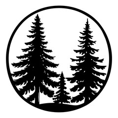 Monochrome Silhouette of Tall Evergreen Trees Inside a Circular Frame Design