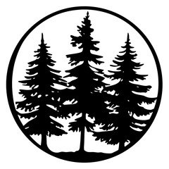 Fototapeta premium Silhouette of Pine Trees in a Circle Frame Black and White Graphic