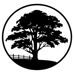 Silhouette of a majestic tree within a circle, with a picket fence © Tanjila