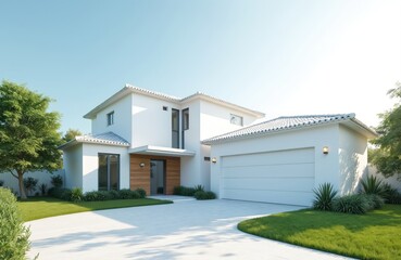 Modern white house design with rich green garden, blue sky. Contemporary luxury home with minimalist exterior. Residential property with landscaping. Real estate in sunny summer day. Perfect