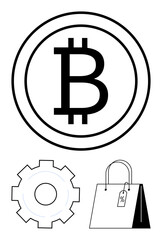 Bitcoin currency emblem, gear icon, and shopping bag with tag represent technology, trade, e-commerce, crypto transactions, blockchain, digital innovation, economy simple landing page