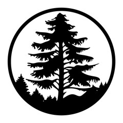 Monochrome pine tree forest silhouette inside a circle nature landscape art