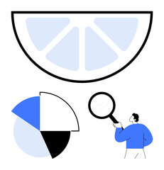 Stylized blue and white lemon segment, pie chart in various shades, person holding magnifying glass. Ideal for analysis, research, finance, data visualization, citrus concept, creativity strategy
