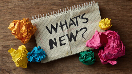 Notebook with "What's New?" written on it, surrounded by crumpled colorful paper balls on wooden surface, symbolizing brainstorming, ideas, and fresh news
