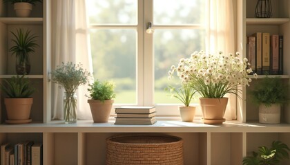 Cozy home decor with elegant bookshelves flowers. Sunlit interior, books, plants. Peaceful, serene atmosphere. Modern living room design for virtual meetings background.