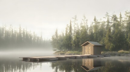 Fishing Cabin by Tranquil Lake in a Misty Forest Setting