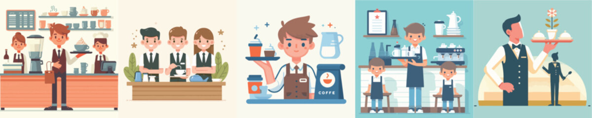 
collection of vectors of young men being coffee waiters