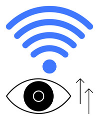 Eye icon with above blue wireless signal waves and upward arrows, symbolizing connectivity, vision, technology, growth, innovation, digital interaction, and data exchange. Ideal for tech branding