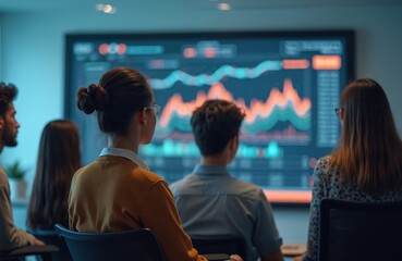Group business professionals in workshop on financial education, AI tools. Attendees analyze digital graph charts displayed on large screen. Team of business people in modern office discuss data.
