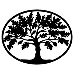 Black and White Oak Tree Silhouette in Oval Frame Detailed Design © Tanjila