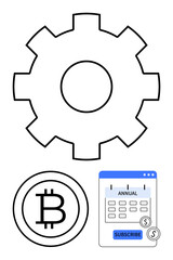 Gear mechanism, Bitcoin symbol, and annual subscription calendar highlight key themes such as automation, cryptocurrency, and recurring payments. Ideal for finance, technology, subscription services