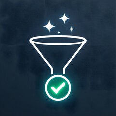 A stylized funnel icon with shimmering sparkles flowing down into a glowing checkmark at the base, symbolizing an intelligent, high-converting lead generation system