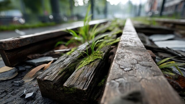 A close-up view of overgrown railway tracks with moss and grass sprouting between wooden sleepers in an urban setting