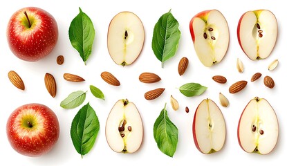 Fresh Red Apples with Slices, Leaves, and Almonds on White Background