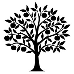 Fototapeta premium Black Silhouette of a Fruit Tree Bearing Apples Against White Background