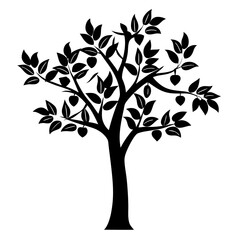 Striking Black and White Illustration of an Elegant Tree with Fruit