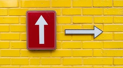 Clear Direction Signs on Bright Yellow Brick Wall Background