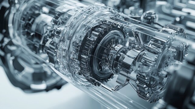 Close-up view of a transparent mechanical engine component showcasing intricate details and craftsmanship