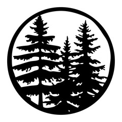 Silhouette of pine trees arranged artistically within a circular frame design