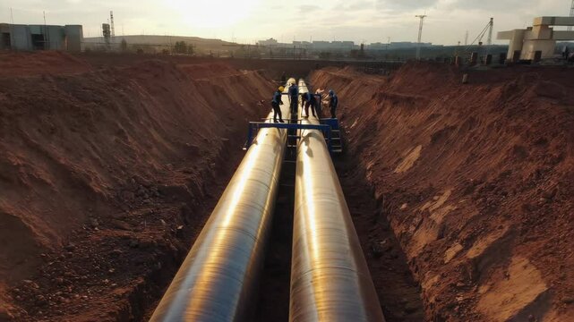 Construction workers installing large oil and gas pipelines in a deep trench at sunset, representing energy infrastructure, heavy industry, and engineering projects in progress at an industrial site.