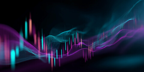 Abstract image of flowing, luminous teal and purple waves with vertical lines, creating a dynamic and energetic visual representation of data flow or technological progress
