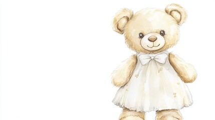 Charming Watercolor Illustration of a Gentle Teddy Bear in Soft Neutral Wardrobe