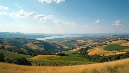 Obraz premium Panoramic view countryside behind Valemagne and Sète port, Herault, Occitania, France. Scenic landscape of fields, hills, vineyards, sea. Natural environment on a sunny day.
