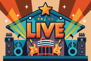 Obraz premium Vibrant vector illustration of a live music stage featuring instruments, lights, and a prominent star during a lively performance