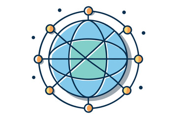 Global connection represented by a minimal vector illustration featuring a stylized globe and orbiting elements, symbolizing international communication and collaboration