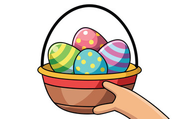 Colorful Easter eggs in a basket held by a hand during a festive spring celebration in a cheerful outdoor setting