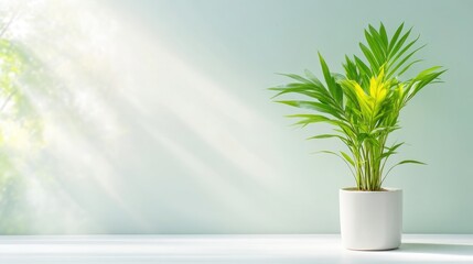 A vibrant green potted plant sitting on a white surface against a pastel blue wall, sunlight streaming in from the left, and minimalist interior design concept.
