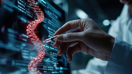 A person is drawing a DNA strand on a computer screen