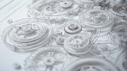 Intricate arrangement of transparent gears and mechanisms showcases detailed engineering in a creative layout