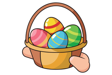 Colorful Easter eggs in a basket held by a hand during a festive spring celebration in a cheerful outdoor setting