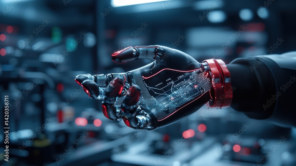 Poster a robotic hand is shown in a factory setting