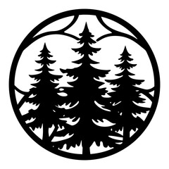 Silhouette of Pine Trees Framed by Branches in Circular Woodcut Style