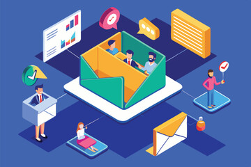 Fototapeta premium Modern vector illustration of communication concept featuring an envelope, messages, and diverse people engaged in conversation