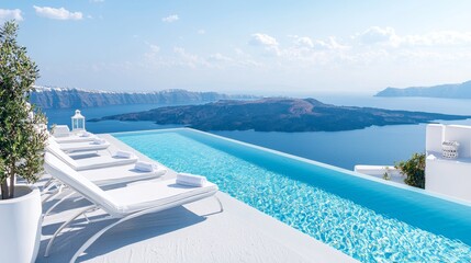 Obraz premium Stunning infinity pool overlooking the blue sea and volcanic island in Santorini during a sunny day