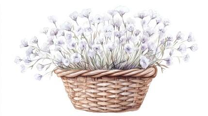 Detailed Watercolor Illustration of Gypsophilia Flowers in a Rustic Wicker Basket with Subtle Shading and Textured Details
